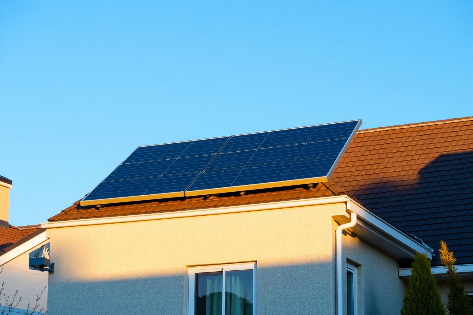 Solar panels installed on a residential roof at sunrise